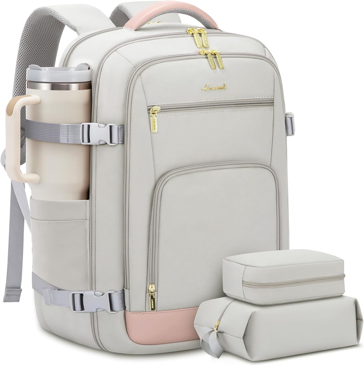 <a href="https://amzn.to/43NGGfV" data-type="link" data-id="https://amzn.to/43NGGfV">LOVEVOOK Travel Backpack For Women, 40L Carry On Backpack Flight Approved, TSA Personal Item Travel Bag Fits 17 Inch Laptop, Business Weekender Overnight Waterproof Daypack With 2 Cubes, Grey-Pink</a>