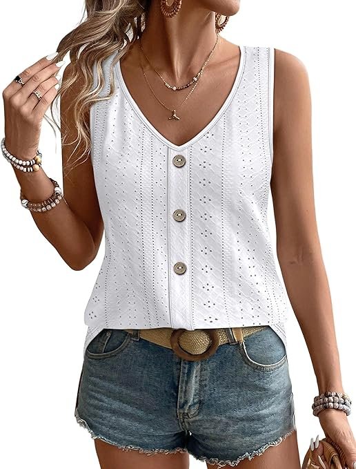 <a href="https://amzn.to/4oT8Wax" data-type="link" data-id="https://amzn.to/4oT8Wax">WIHOLL Womens Tank Tops Loose Casual Summer Tops Eyelet V Neck Basic Sleeveless Shirts Trendy 20</a>26