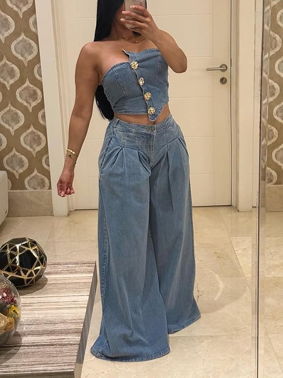 <a href="https://amzn.to/4uZyPag" data-type="link" data-id="https://amzn.to/4uZyPag">KANSOON Denim Set for Women 2 Piece Sexy Strapless Tube Top and High Waist Wide Leg Pant Outfit</a>