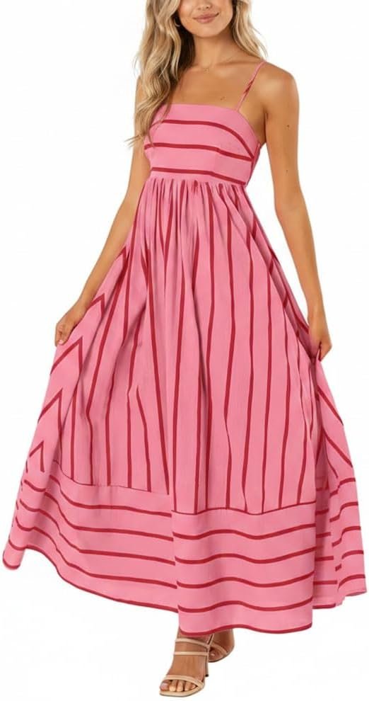 <a href="https://amzn.to/4f5xs3H">chouyatou Women's Striped Back Smocked Maxi Dress Sexy Spaghetti Strap Cut Out Flowy Swing Long D</a>ress