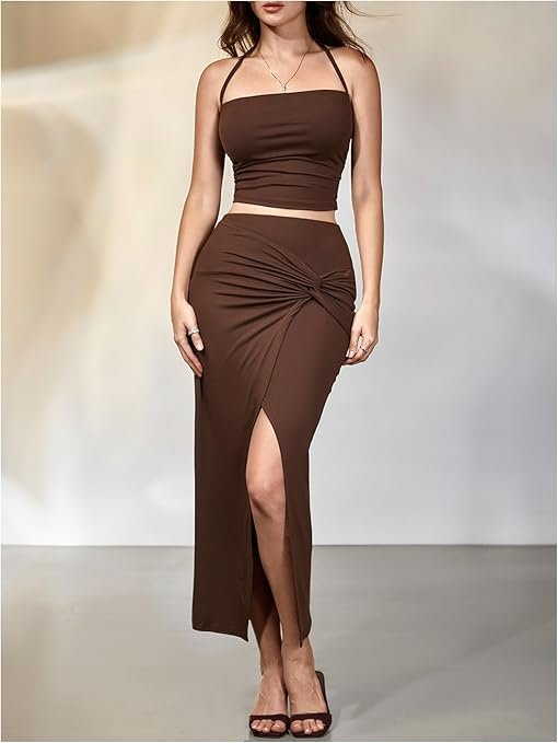 <a href="https://amzn.to/445YiUn" data-type="link" data-id="https://amzn.to/445YiUn">Verdusa Women's 2 Piece Vacation Outfits Ruched Crop Halter Top with Asymmetrical Slit Long Skirt Going Out Sets</a>