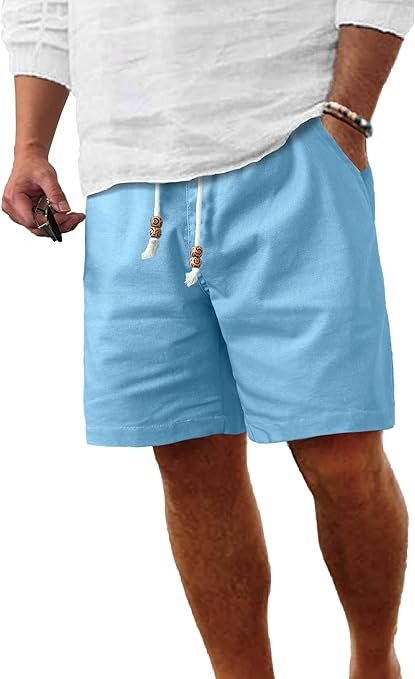 <a href="https://amzn.to/44E9Azd" data-type="link" data-id="https://amzn.to/44E9Azd">Comdecevis Men's Linen Shorts Casual Elastic Waist Drawstring Summer Beach Vacation Yoga Golf Shorts with Pockets</a>
