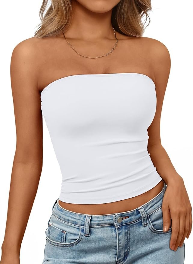 <a href="https://amzn.to/4y2Tw7Q" data-type="link" data-id="https://amzn.to/4y2Tw7Q">Trendy Queen Women's Strapless Bandeau Crop Top</a>
